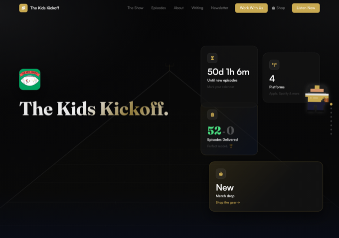The Kids Kickoff website screenshot